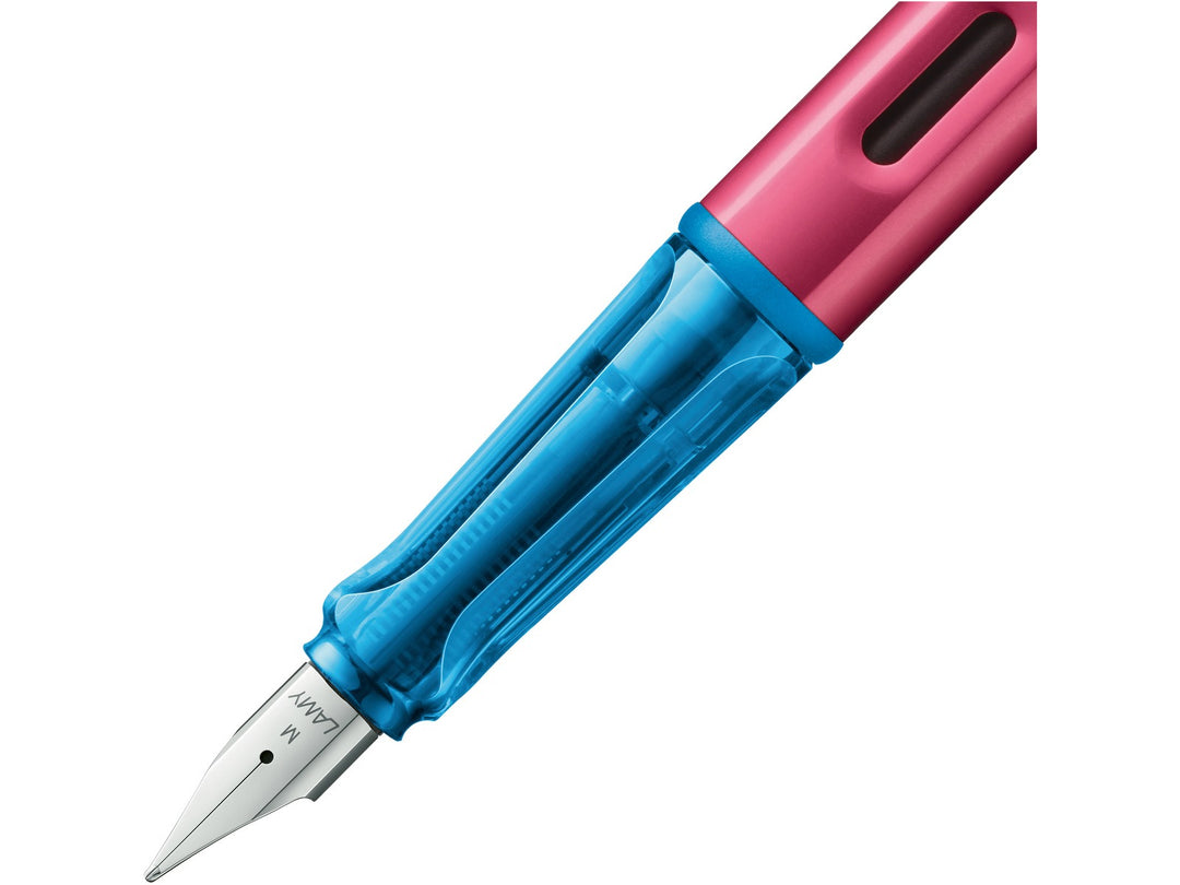 LAMY AL-star rollerskate fountain pen close-up of stainless steel nib, transparent grip section and ink window
