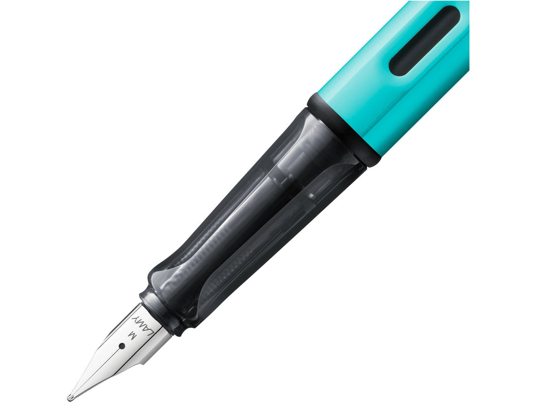 LAMY AL-star turmaline fountain pen close-up of stainless steel nib, transparent grip section and ink window