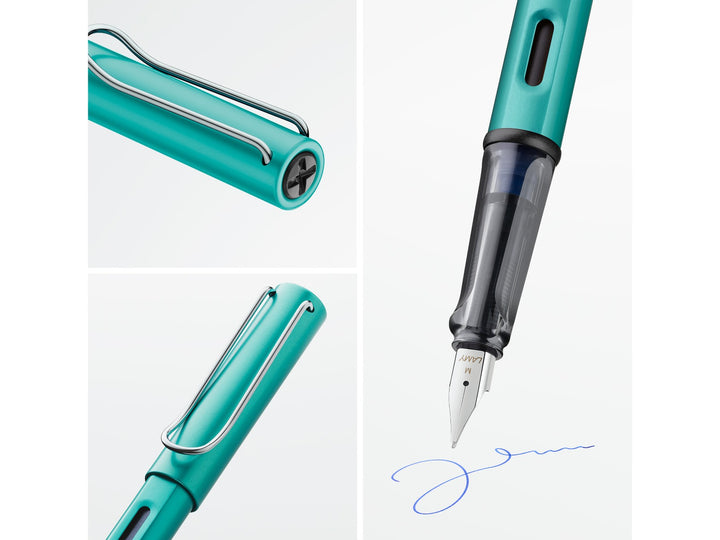 LAMY AL-star turmaline fountain pen feature collage highlighting anodised aluminium construction, ergonomic grip section and stainless steel nib
