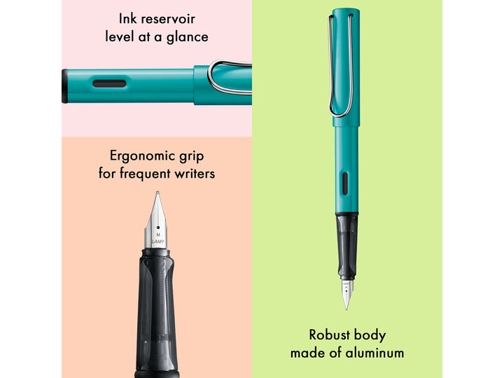 LAMY AL-star turmaline fountain pen feature infographic showing ergonomic grip, ink reservoir window and durable anodised aluminium body