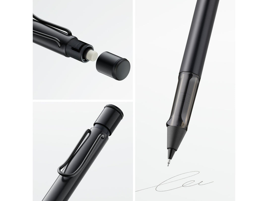 LAMY AL-star mechanical pencil feature graphic showing integrated Z18 eraser with cleaning needle, transparent ergonomic grip and spring-loaded metal clip in black finish