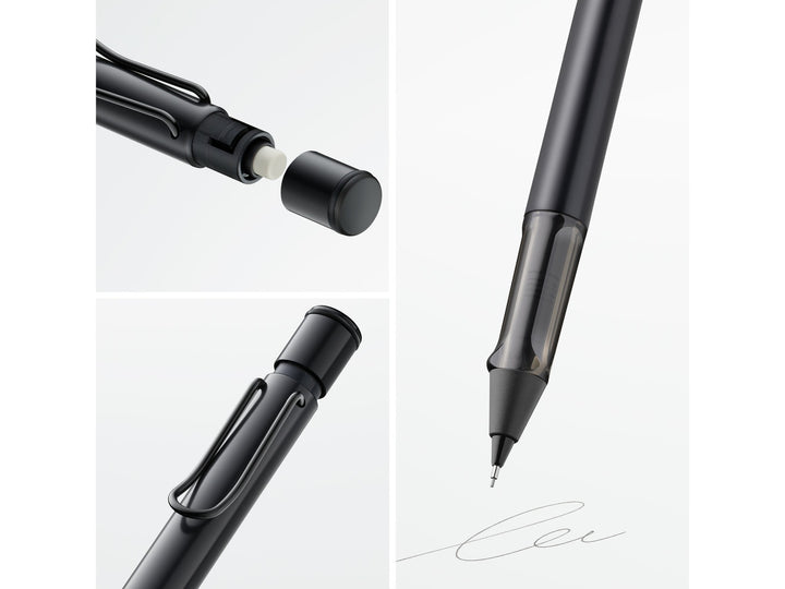 LAMY AL-star mechanical pencil feature graphic showing integrated Z18 eraser with cleaning needle, transparent ergonomic grip and spring-loaded metal clip in black finish