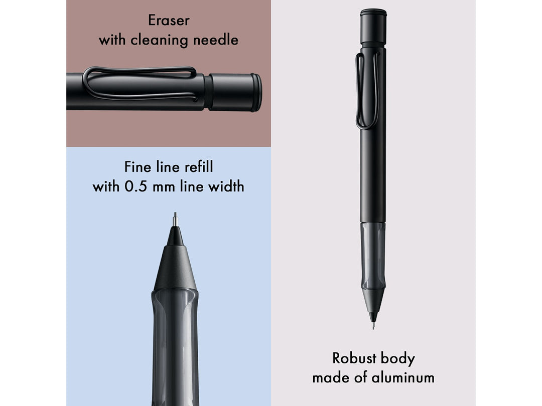 LAMY AL-star mechanical pencil feature graphic showing integrated Z18 eraser with cleaning needle, 0.5mm precision lead mechanism and lightweight aluminium construction in black finish