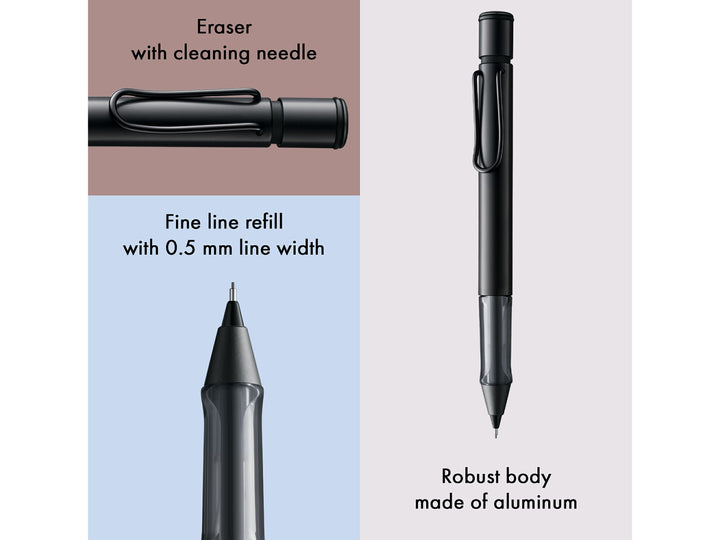 LAMY AL-star mechanical pencil feature graphic showing integrated Z18 eraser with cleaning needle, 0.5mm precision lead mechanism and lightweight aluminium construction in black finish