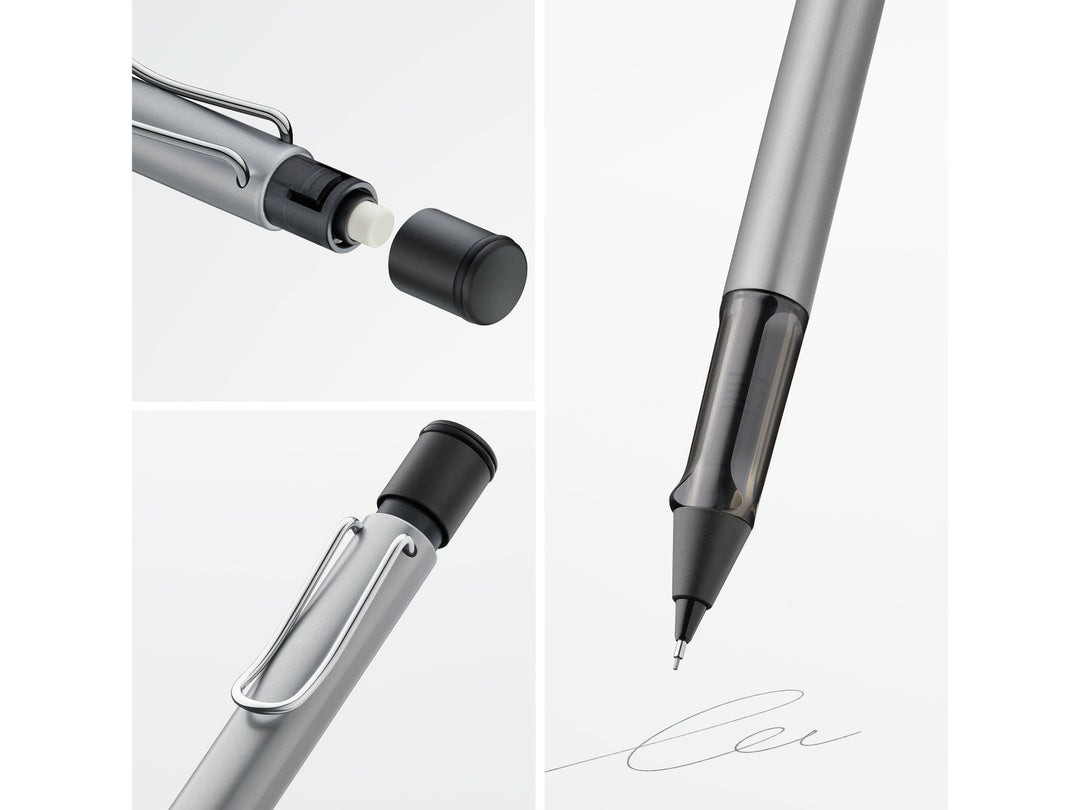 LAMY AL-star mechanical pencil feature graphic showing transparent ergonomic grip, integrated Z18 eraser with cleaning needle and spring-loaded metal clip