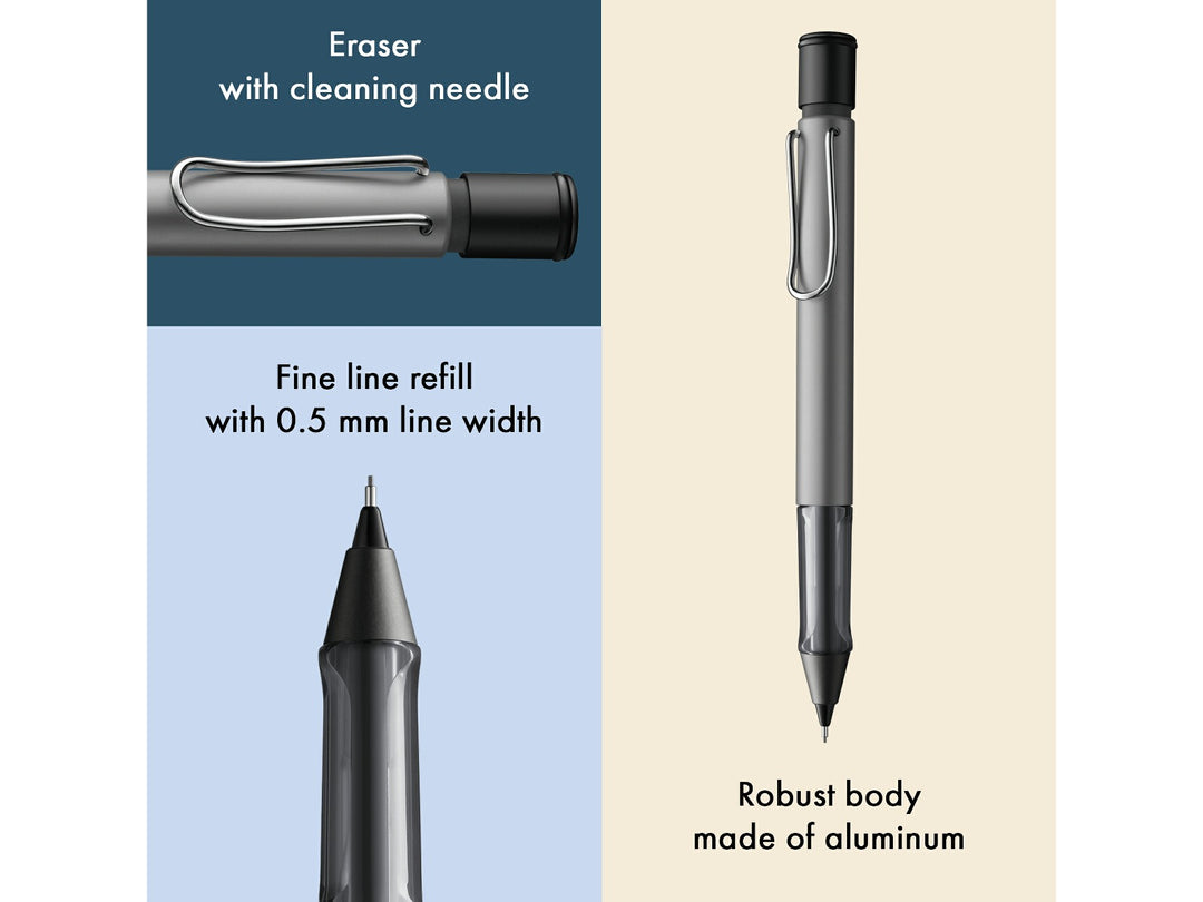 LAMY AL-star mechanical pencil feature graphic showing integrated Z18 eraser with cleaning needle, 0.5mm lead mechanism and lightweight aluminium body