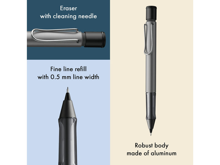 LAMY AL-star mechanical pencil feature graphic showing integrated Z18 eraser with cleaning needle, 0.5mm lead mechanism and lightweight aluminium body
