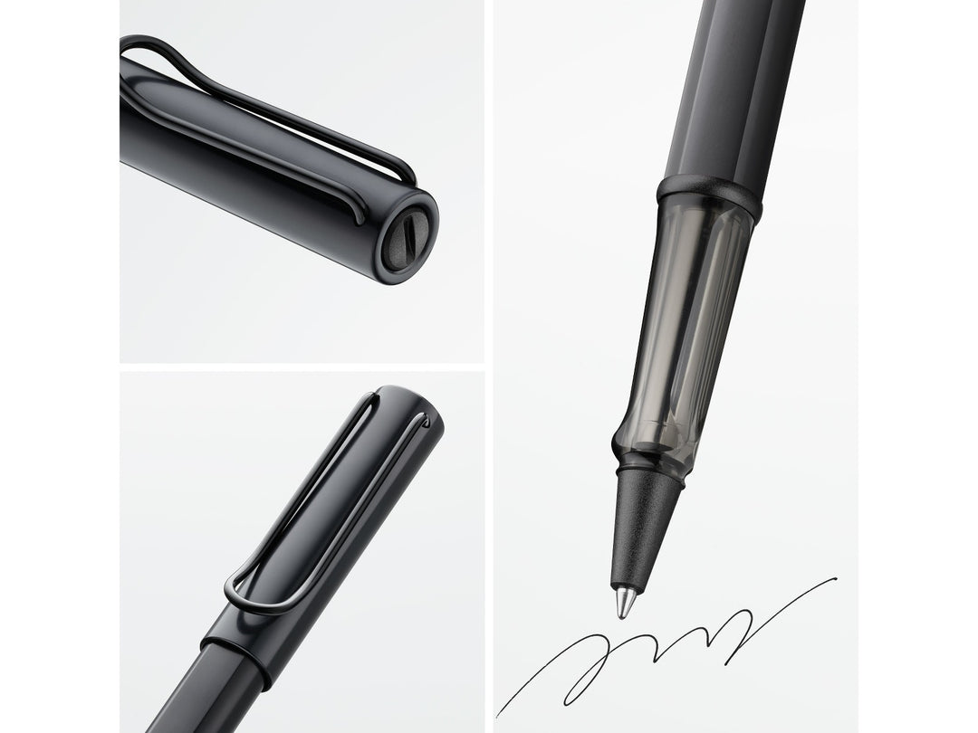 LAMY AL-star rollerball pen feature graphic showing transparent ergonomic grip, spring-loaded metal clip and smooth rollerball writing performance in black finish
