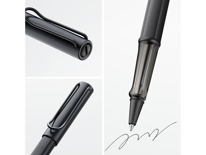 LAMY AL-star rollerball pen feature graphic showing transparent ergonomic grip, spring-loaded metal clip and smooth rollerball writing performance in black finish