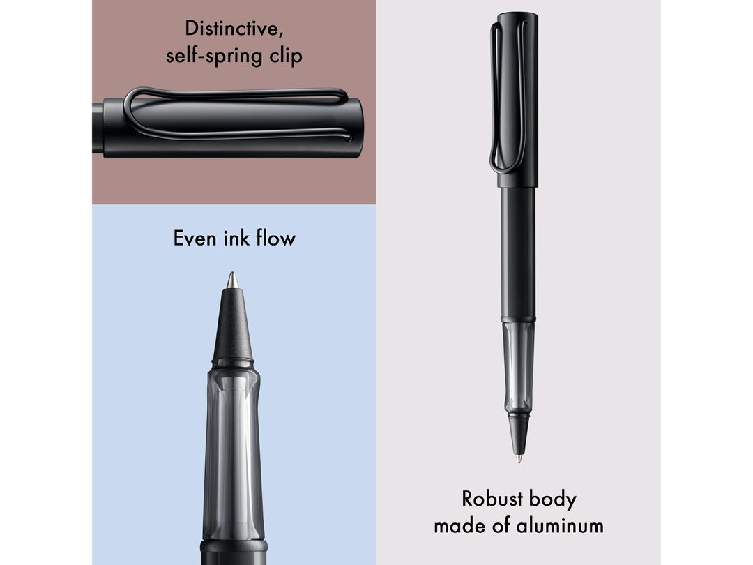 LAMY AL-star rollerball pen feature graphic showing transparent ergonomic grip, spring-loaded metal clip and smooth rollerball writing performance in black finish