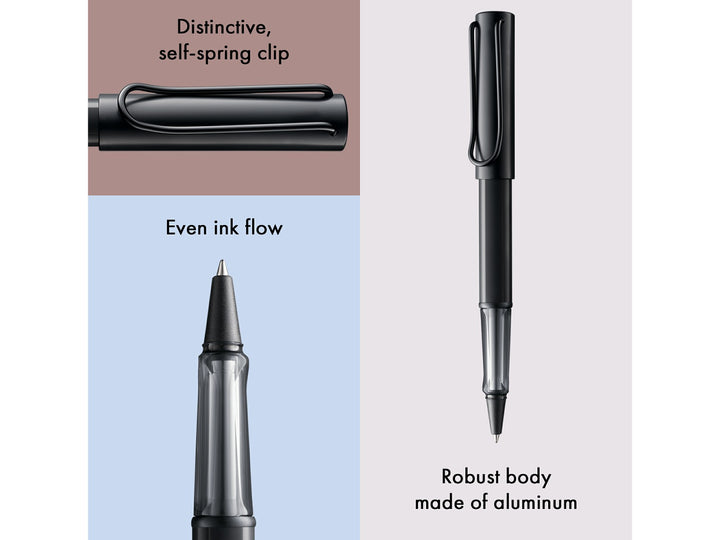 LAMY AL-star rollerball pen feature graphic showing transparent ergonomic grip, spring-loaded metal clip and smooth rollerball writing performance in black finish