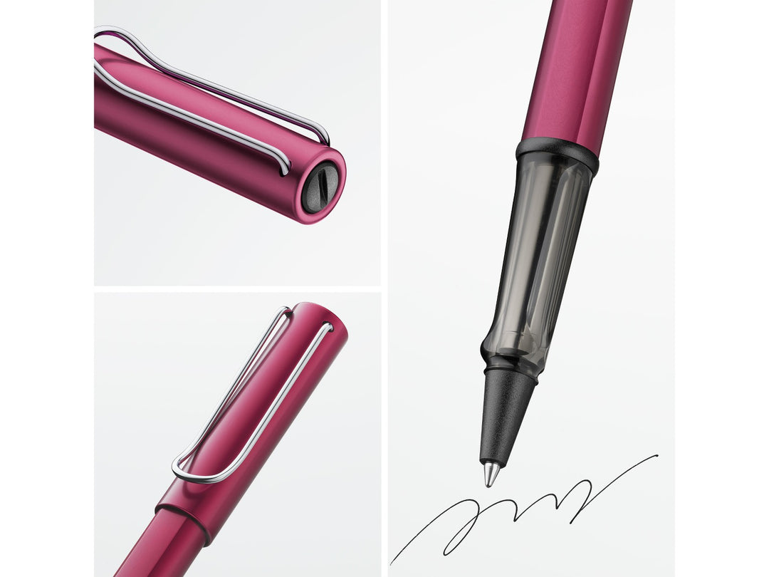 LAMY AL-star rollerball pen feature graphic showing transparent ergonomic grip, spring-loaded metal clip and smooth rollerball writing performance in black purple finish