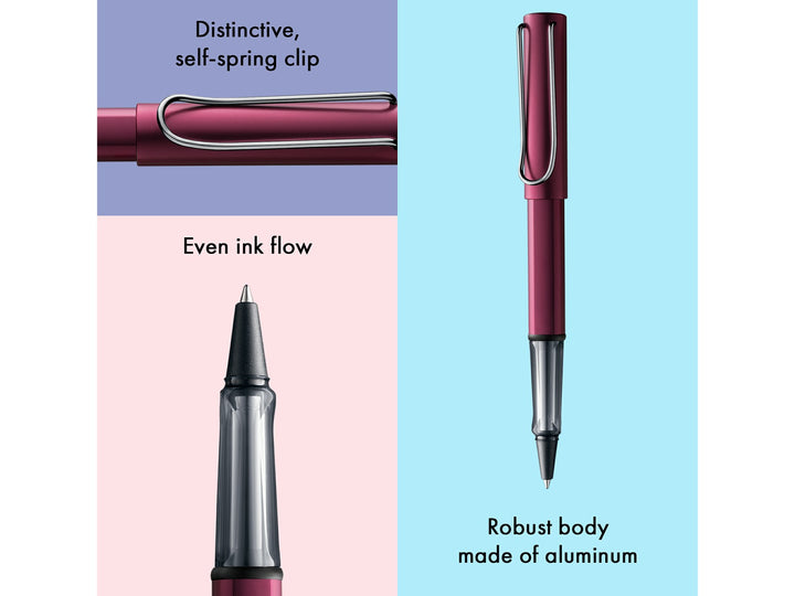 LAMY AL-star rollerball pen feature graphic showing transparent ergonomic grip, spring-loaded metal clip and smooth rollerball writing performance in black purple finish
