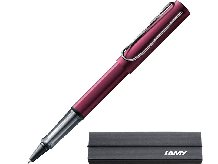 LAMY AL-star rollerball pen in black purple with transparent grip section and included LAMY gift box