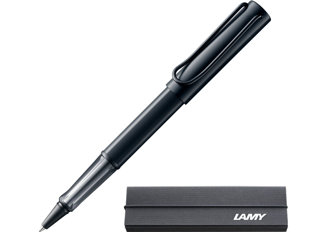 LAMY AL-star rollerball pen in black with transparent grip section and included LAMY gift box
