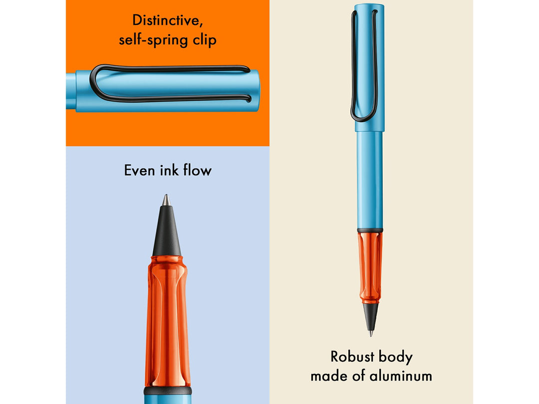 LAMY AL-star Rollerball Pen Denim 2025 Special Edition feature graphic showing spring-loaded metal clip, smooth rollerball writing performance and lightweight anodised aluminium body