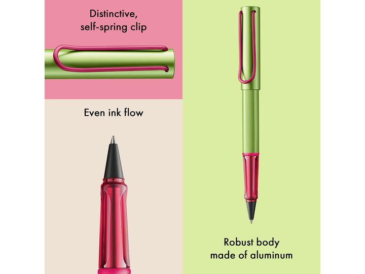 LAMY AL-star Rollerball Pen Disco 2026 Special Edition feature graphic showing spring-loaded metal clip, smooth rollerball writing performance and lightweight anodised aluminium body
