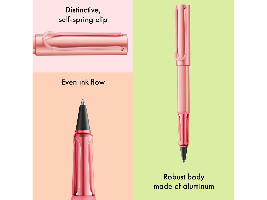 LAMY AL-star Rollerball Pen Flamingo 2026 Special Edition feature graphic showing spring-loaded metal clip, smooth rollerball writing performance and lightweight anodised aluminium body