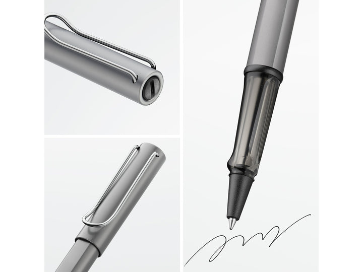LAMY AL-star rollerball pen feature graphic showing transparent ergonomic grip, spring-loaded metal clip and smooth rollerball writing performance in graphite finish