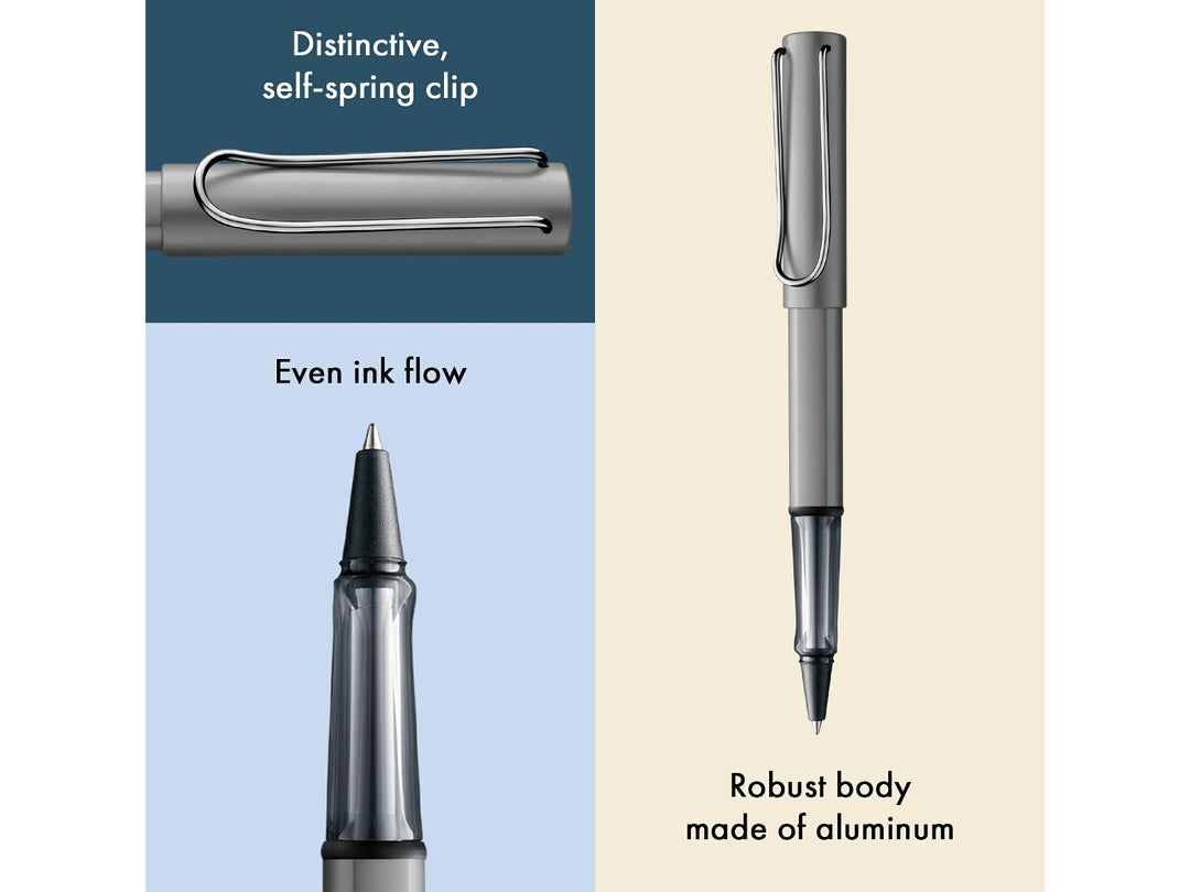 LAMY AL-star rollerball pen feature graphic showing transparent ergonomic grip, spring-loaded metal clip and smooth rollerball writing performance in graphite finish