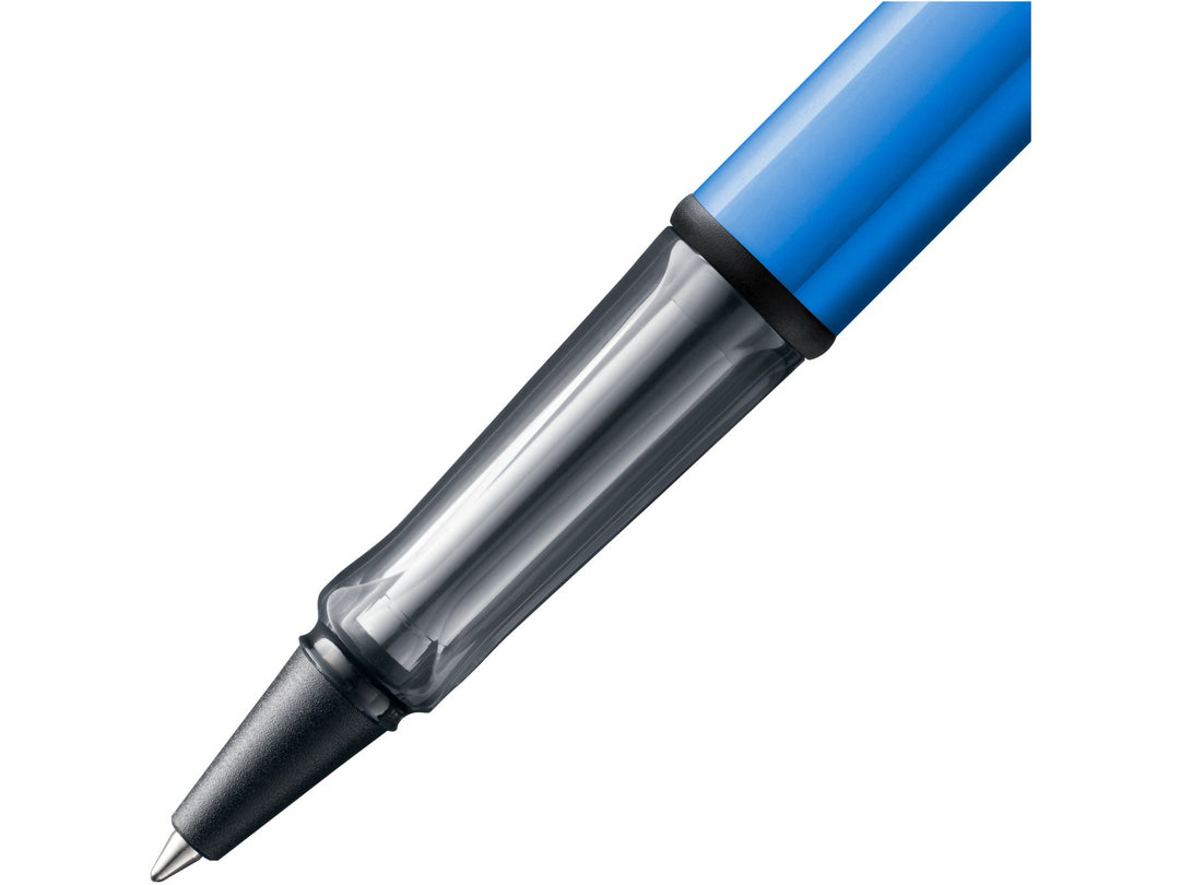 LAMY AL-star rollerball pen grip detail in ocean blue with transparent ergonomic grip section