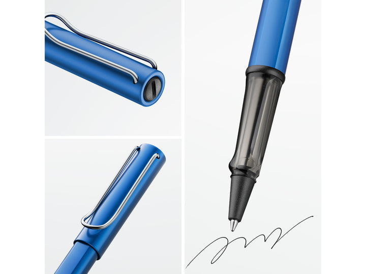 LAMY AL-star rollerball pen feature graphic showing transparent ergonomic grip, spring-loaded metal clip and smooth rollerball writing performance in ocean blue finish
