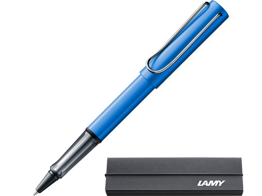 LAMY AL-star rollerball pen in ocean blue with transparent grip section and included LAMY gift box