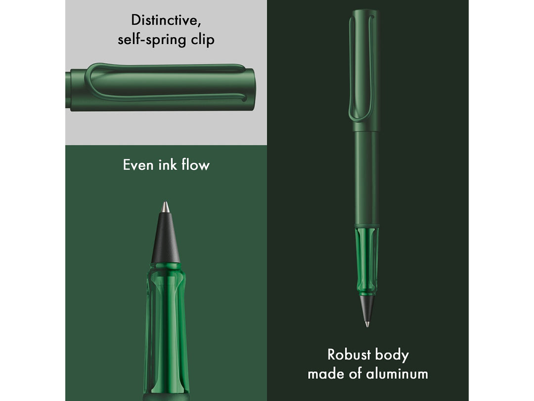 LAMY AL-star Rollerball Pen Pine 2026 Special Edition feature graphic showing spring-loaded metal clip, smooth rollerball writing performance and lightweight anodised aluminium body