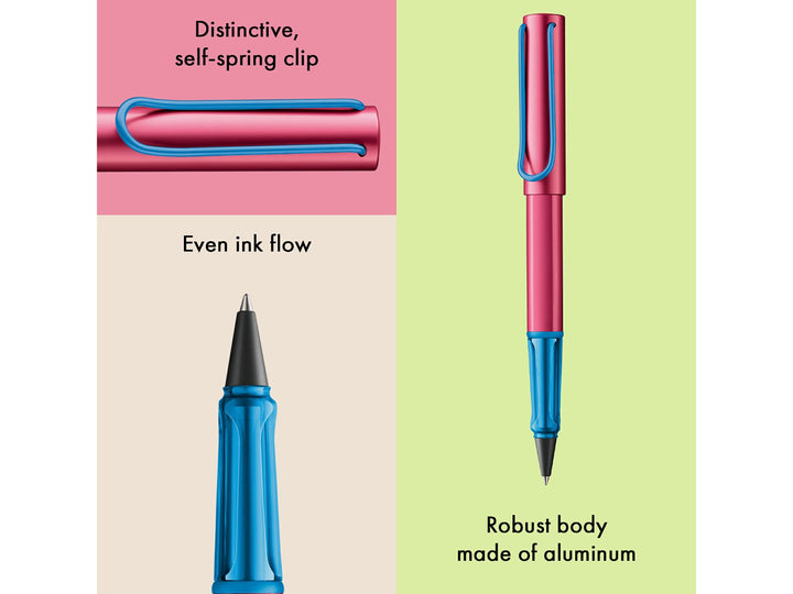 LAMY AL-star Rollerball Pen Rollerskate 2026 Special Edition feature graphic showing spring-loaded metal clip, smooth rollerball writing performance and lightweight anodised aluminium body
