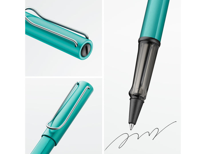 LAMY AL-star rollerball pen feature graphic showing transparent ergonomic grip, spring-loaded metal clip and smooth rollerball writing performance in turmaline finish