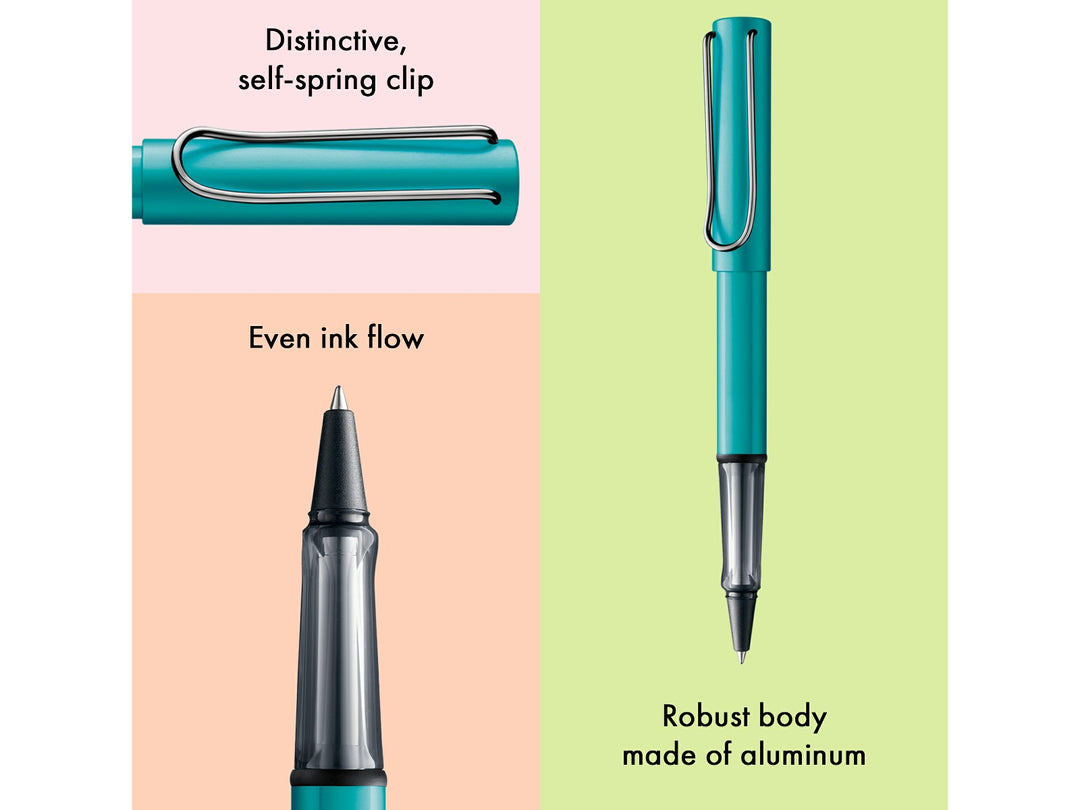 LAMY AL-star rollerball pen feature graphic showing transparent ergonomic grip, spring-loaded metal clip and smooth rollerball writing performance in turmaline finish