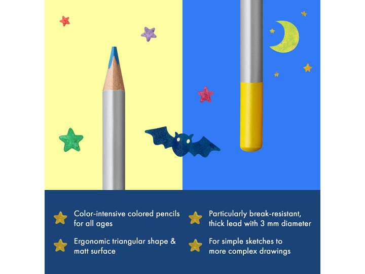 LAMY colorplus Colouring Pencils feature graphic showing ergonomic triangular shape, break-resistant 3mm lead and vibrant colour application