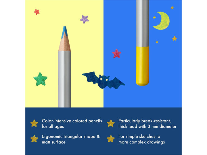 LAMY colorplus Colouring Pencils feature graphic showing ergonomic triangular shape, break-resistant 3mm lead and vibrant colour application