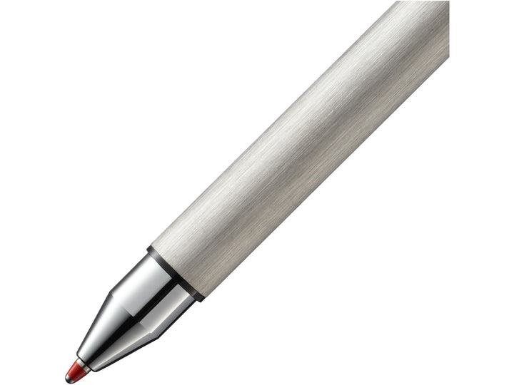 LAMY cp 1 Tri Pen Multisystem Pen brushed stainless steel barrel and red ballpoint tip close-up