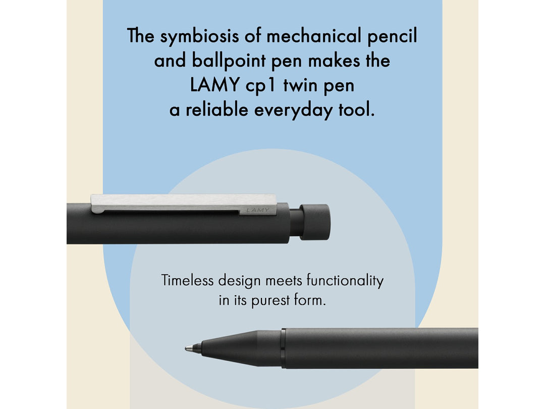 LAMY cp 1 Twin Pen Multisystem Pen feature graphic showing ballpoint pen and mechanical pencil functionality in a slim minimalist design