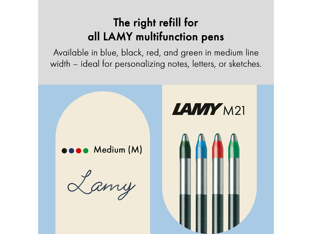 LAMY cp 1 Twin Pen Multisystem Pen feature graphic showing compatible LAMY M21 ballpoint refills in black, blue, red and green
