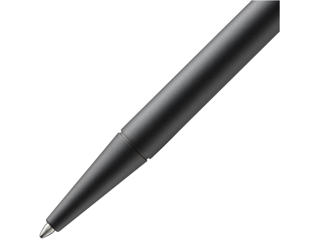 Close-up of the LAMY cp1 ballpoint pen in black, showing the slim cylindrical barrel, matt black lacquer finish and precision ballpoint writing tip