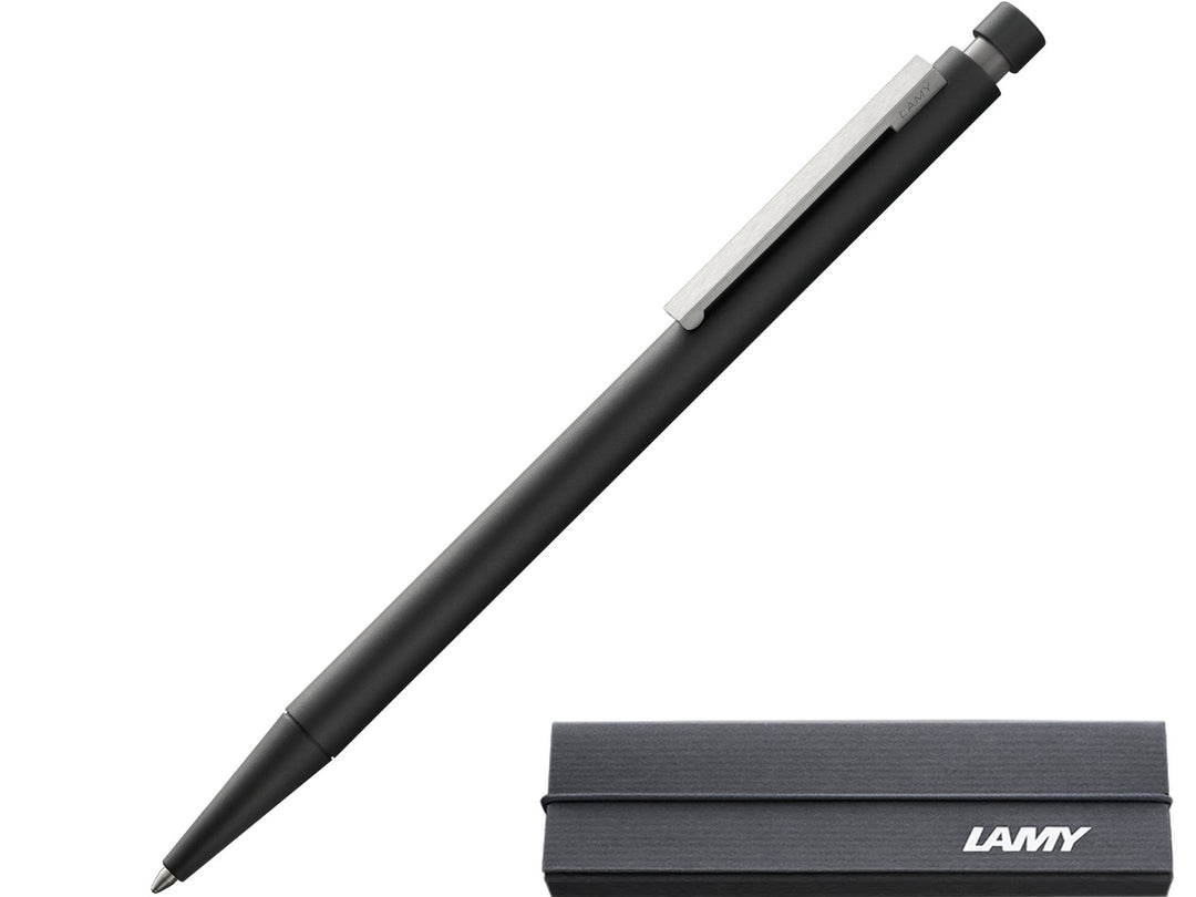 LAMY cp1 ballpoint pen in black displayed with LAMY presentation box, featuring an exceptionally slim cylindrical design, matt black lacquer finish and spring-loaded stainless steel clip