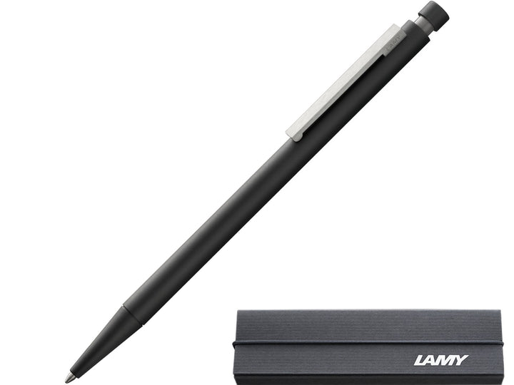 LAMY cp1 ballpoint pen in black displayed with LAMY presentation box, featuring an exceptionally slim cylindrical design, matt black lacquer finish and spring-loaded stainless steel clip