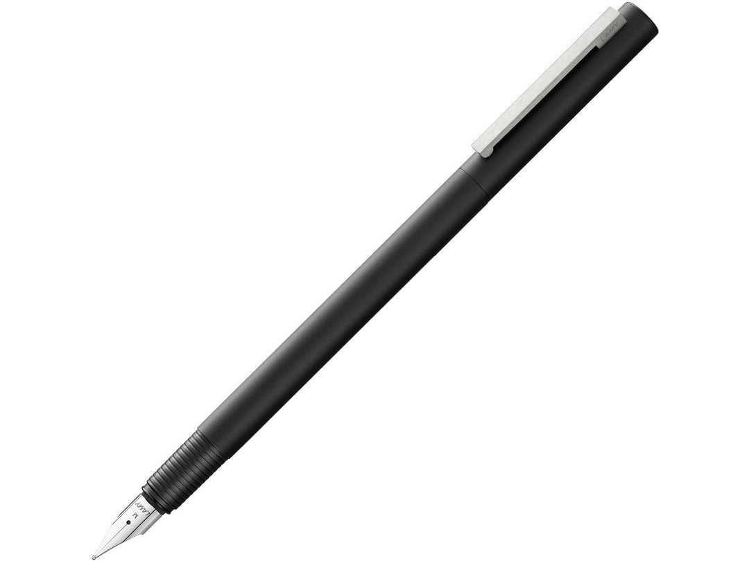LAMY cp1 fountain pen with slim cylindrical black barrel and polished steel nib