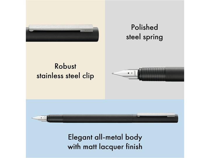 LAMY cp1 fountain pen feature collage showing a matt black all-metal body, polished steel nib and spring-loaded stainless steel pocket clip