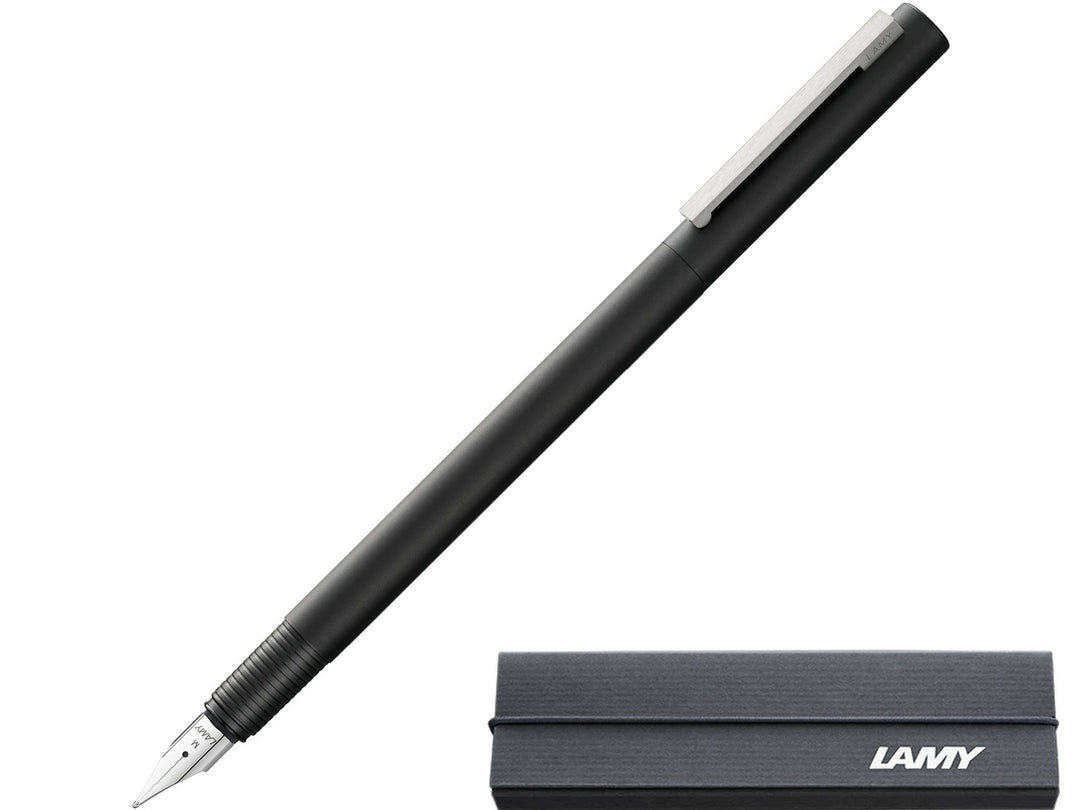 LAMY cp1 fountain pen with slim cylindrical black barrel, polished steel nib and LAMY presentation gift box