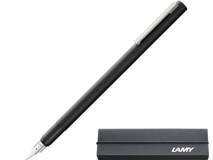 LAMY cp1 fountain pen with slim cylindrical black barrel, polished steel nib and LAMY presentation gift box