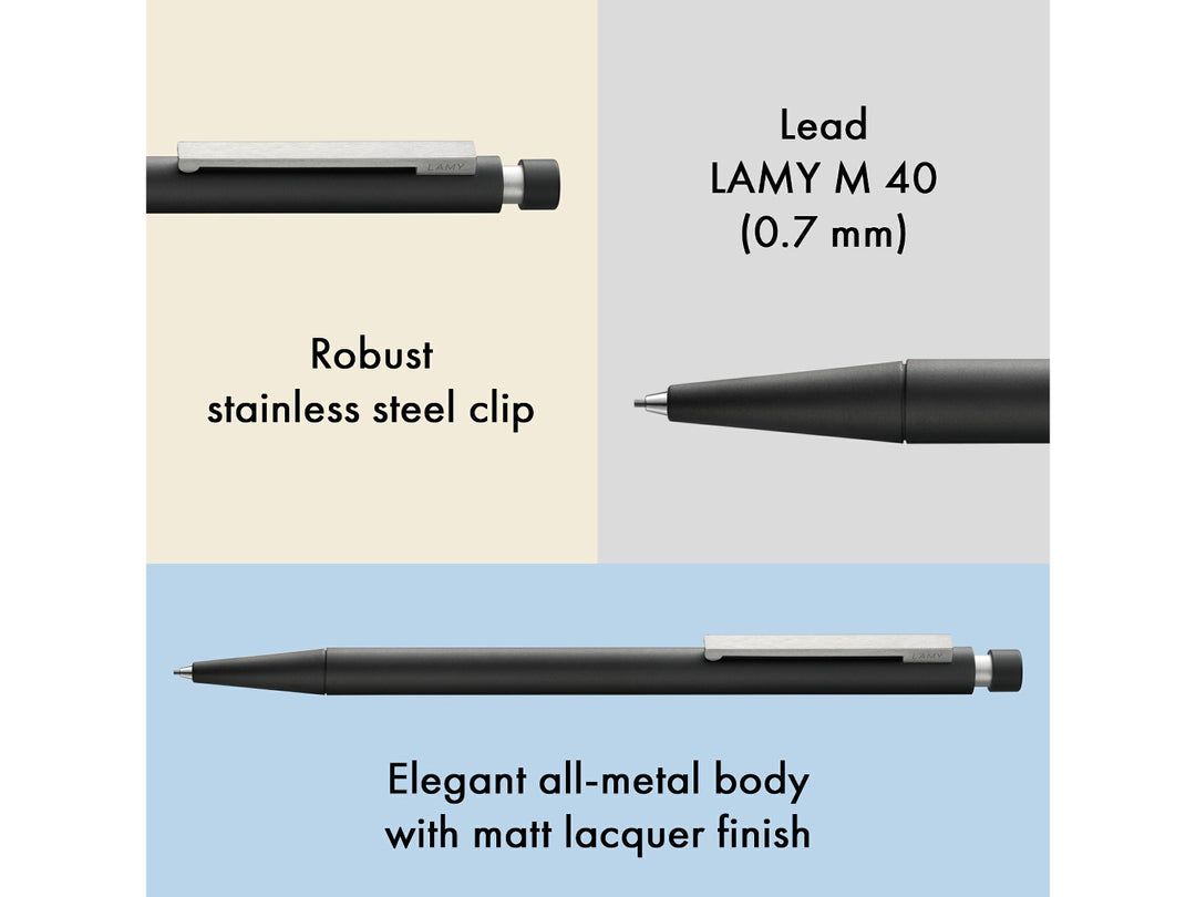 LAMY cp 1 mechanical pencil feature graphic showing stainless steel clip, compatible M40 0.7mm lead and black matt lacquer all-metal body
