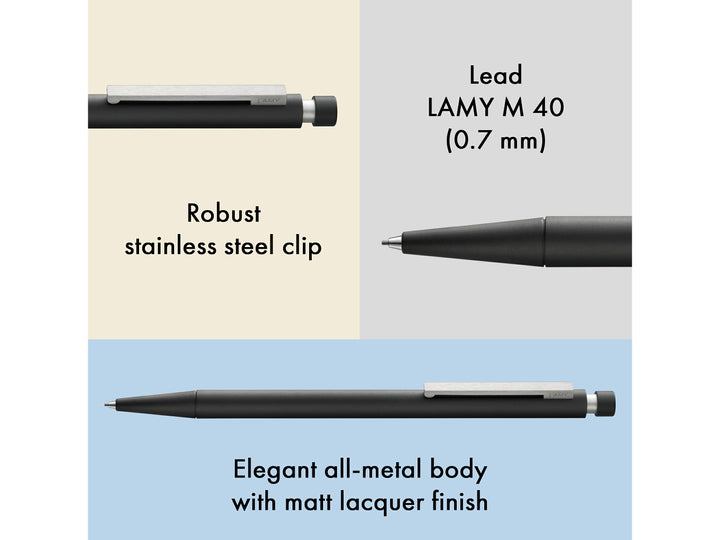 LAMY cp 1 mechanical pencil feature graphic showing stainless steel clip, compatible M40 0.7mm lead and black matt lacquer all-metal body