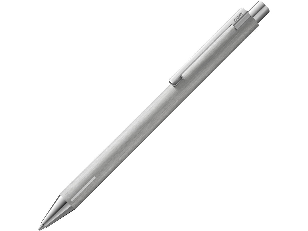 LAMY econ ballpoint pen in brushed stainless steel with all-metal construction, brushed finish, distinctive curved metal clip and precision ballpoint writing tip