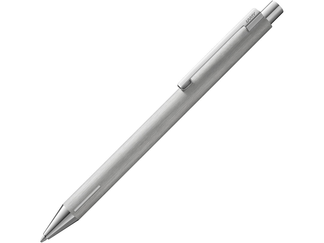 LAMY econ ballpoint pen in brushed stainless steel with all-metal construction, curved metal clip and LAMY M16 black medium refill.