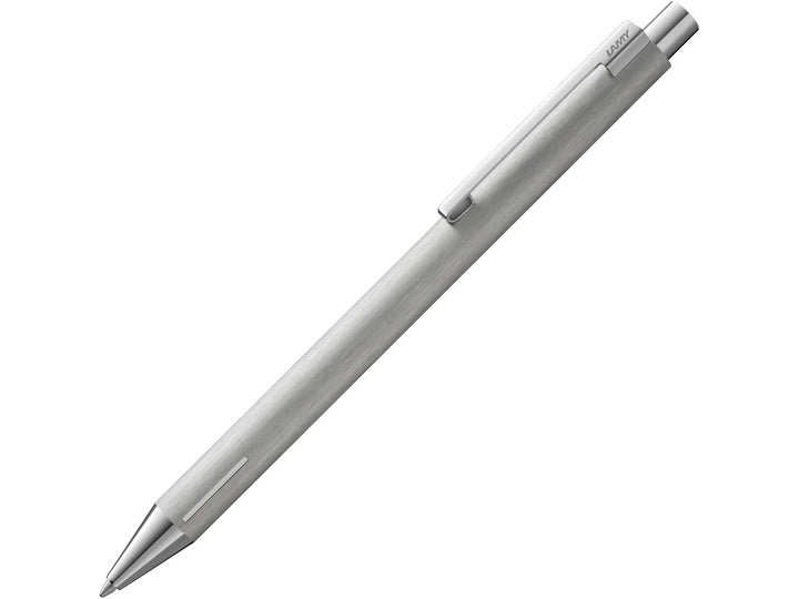 LAMY econ ballpoint pen in brushed stainless steel with all-metal construction, curved metal clip and LAMY M16 black medium refill.