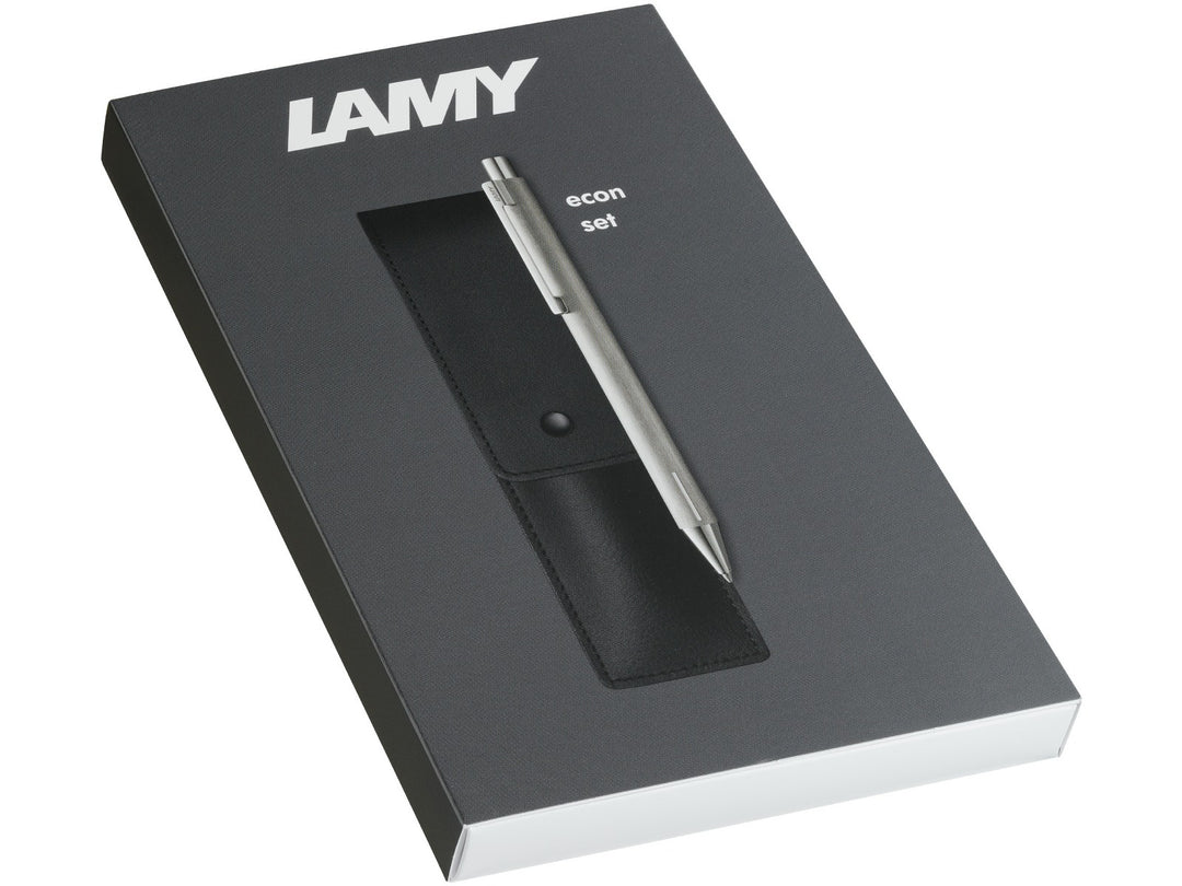 LAMY econ ballpoint pen set in brushed stainless steel with genuine leather pen pouch presented in a premium LAMY gift box.