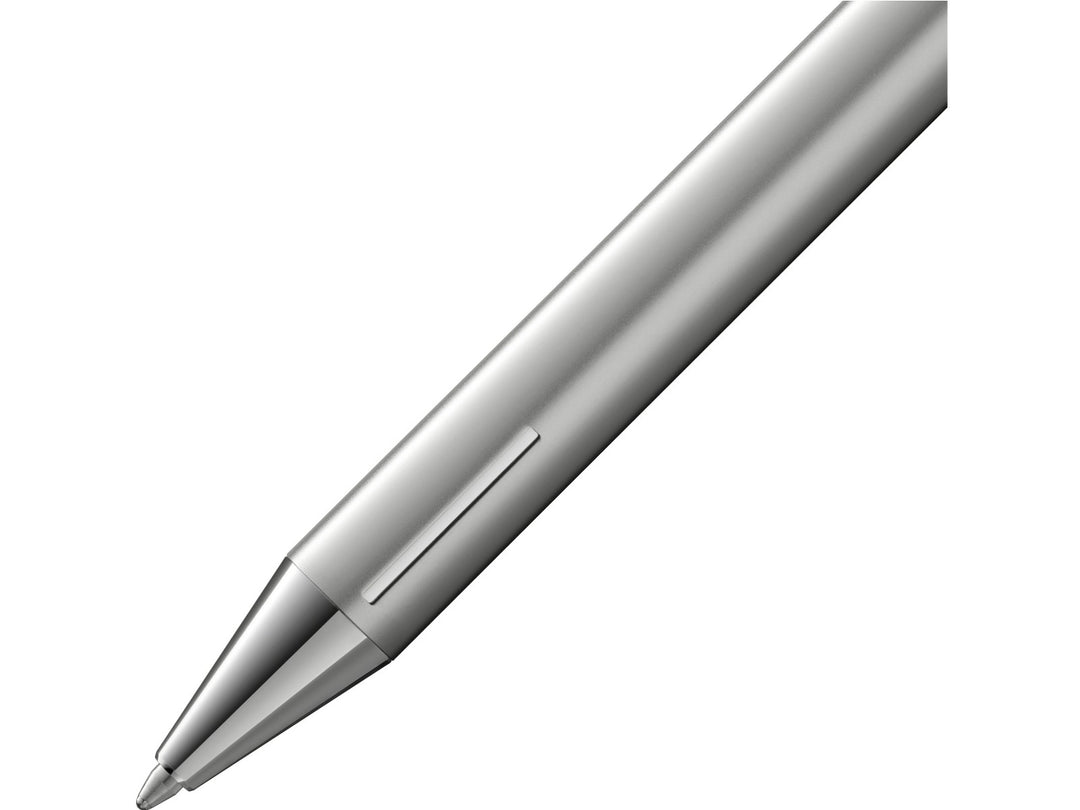 Close-up of the LAMY econ ballpoint pen in silver, showing the stainless steel body, minimalist tapered nose cone and precision ballpoint writing tip